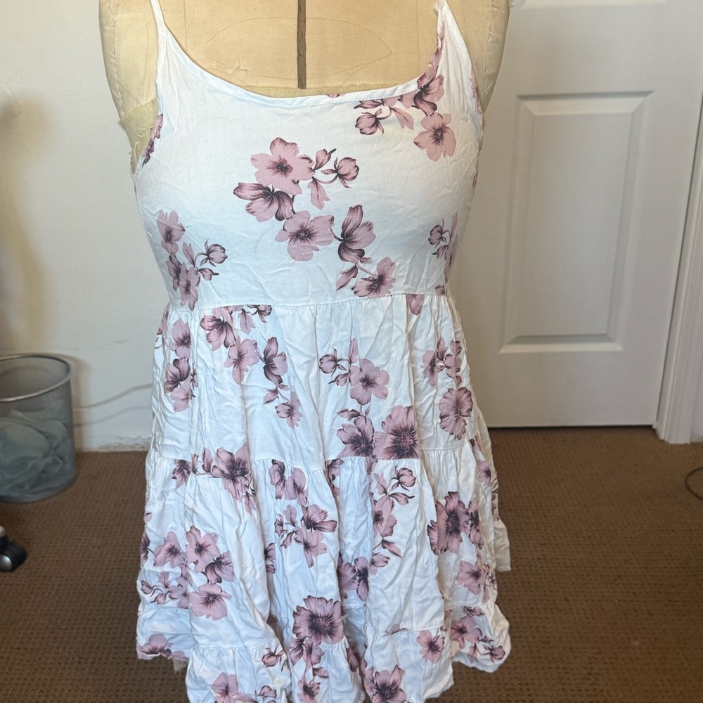 Brandy Melville White and Pink Tiered Ruffled Mini Dress - Picture 1 of 3